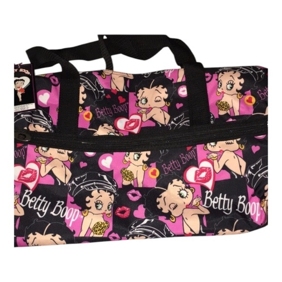 Betty Boop black & pink betty all over logo travel weekender nylon canvas bag - Picture 6 of 12
